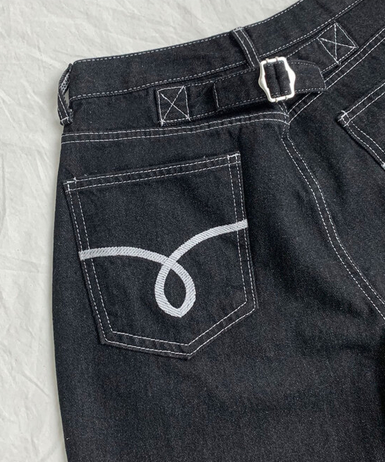 에클렛 논페이드 백 버클 자수 포켓 데님 롱 와이드팬츠