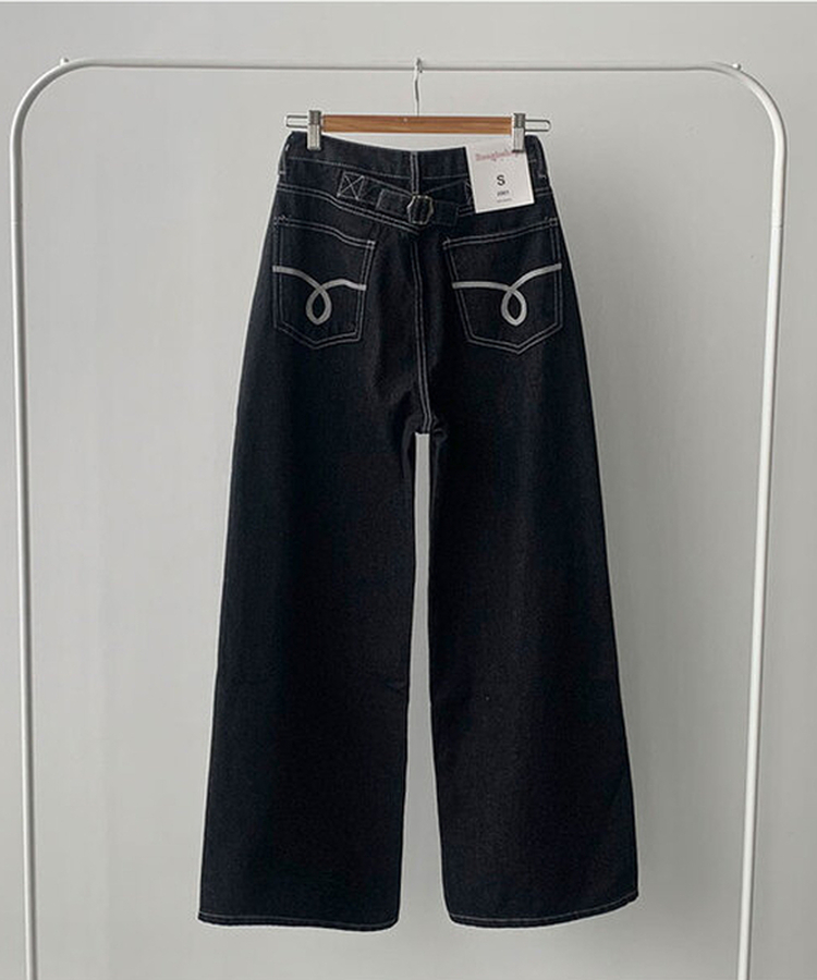 에클렛 논페이드 백 버클 자수 포켓 데님 롱 와이드팬츠