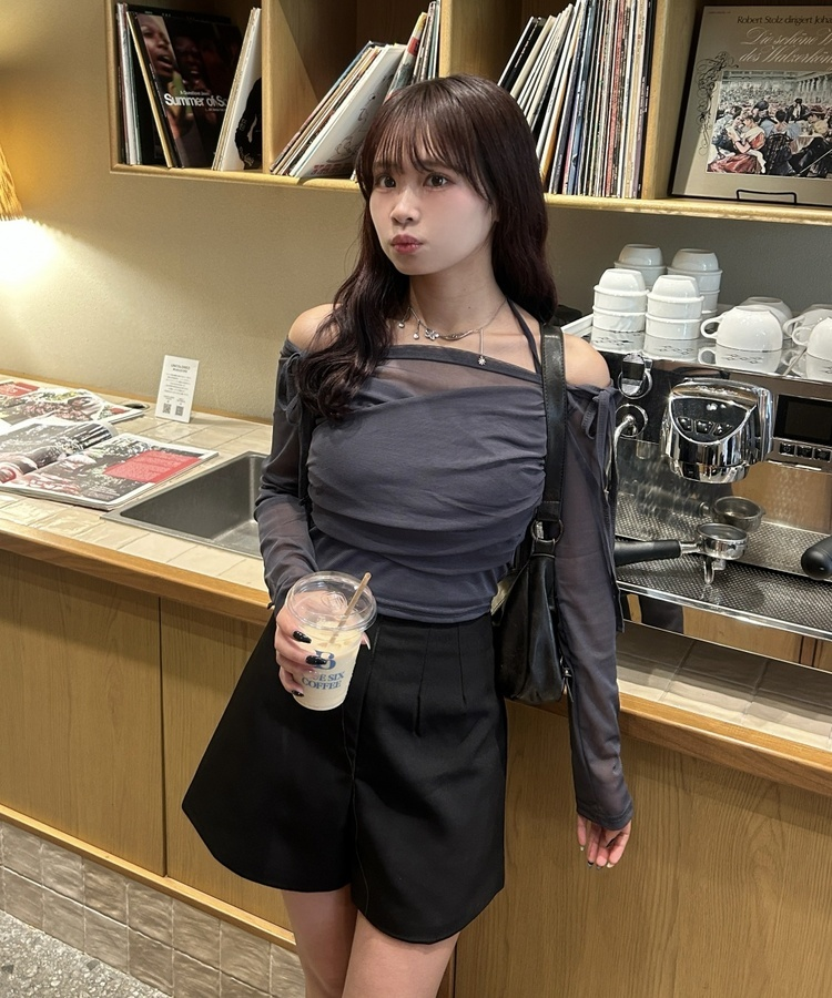 キャミSET】シースルーリボンオフショルトップス｜長袖Tシャツ｜韓国