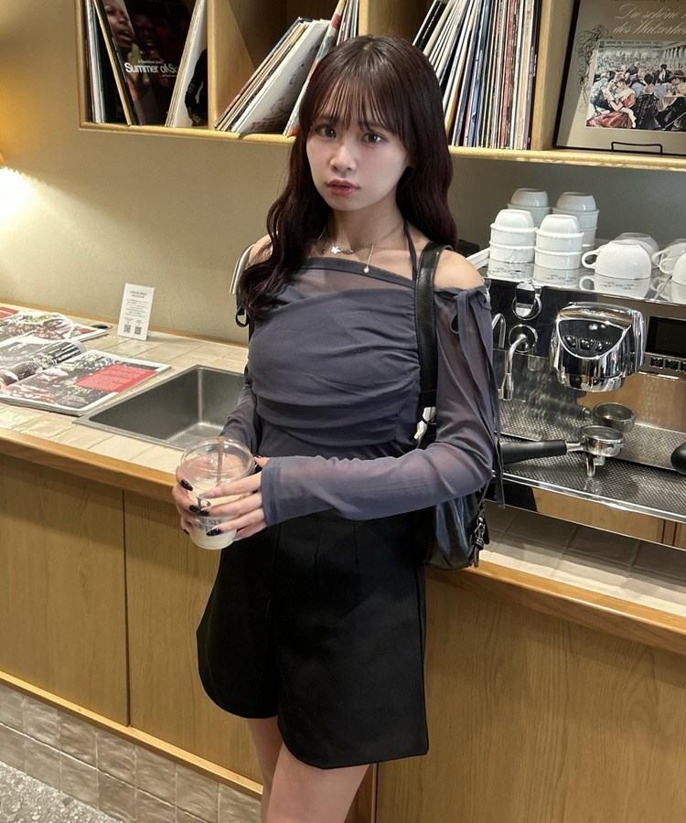 キャミSET】シースルーリボンオフショルトップス｜長袖Tシャツ