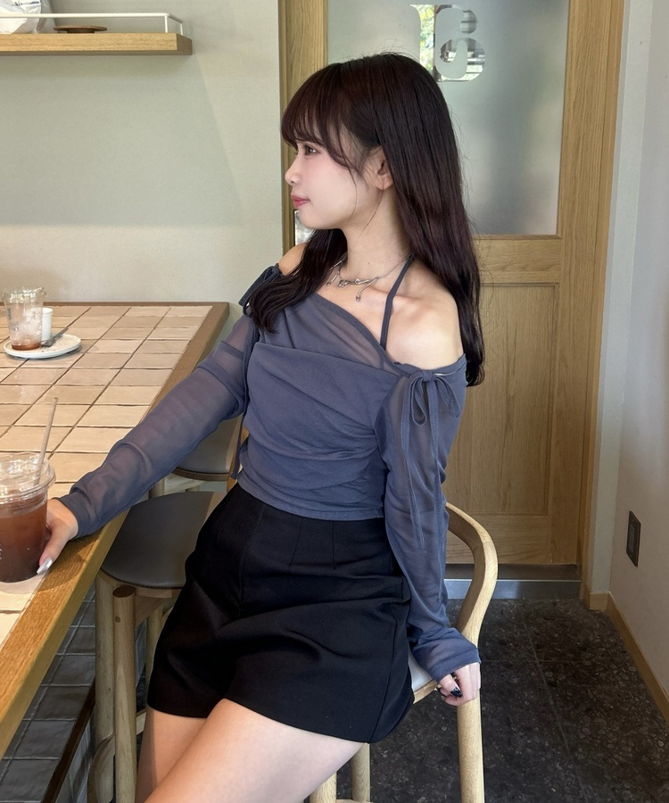 キャミSET】シースルーリボンオフショルトップス｜長袖Tシャツ｜韓国