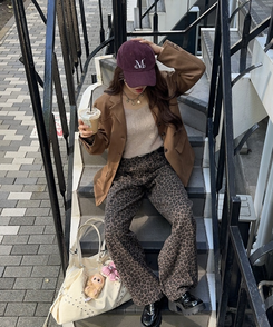 【ベルトSET】レオパードワイドデニムパンツ BROWN