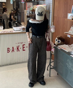 【ベルトSET】レオパードワイドデニムパンツ BROWN