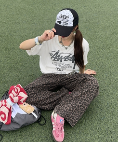 【ベルトSET】レオパードワイドデニムパンツ BROWN