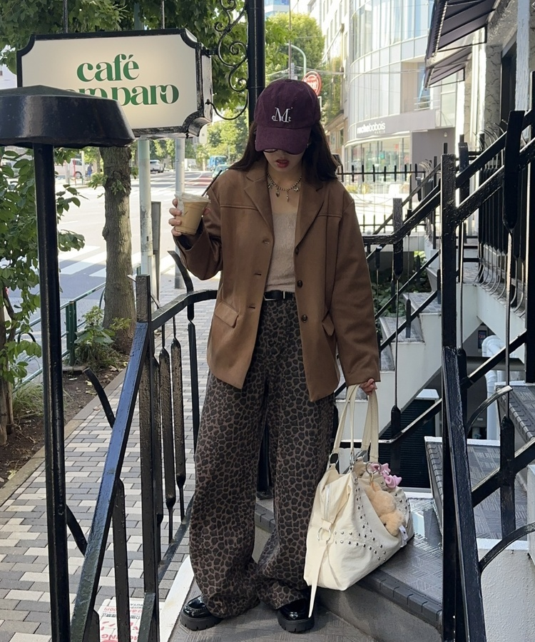 【ベルトSET】レオパードワイドデニムパンツ BROWN
