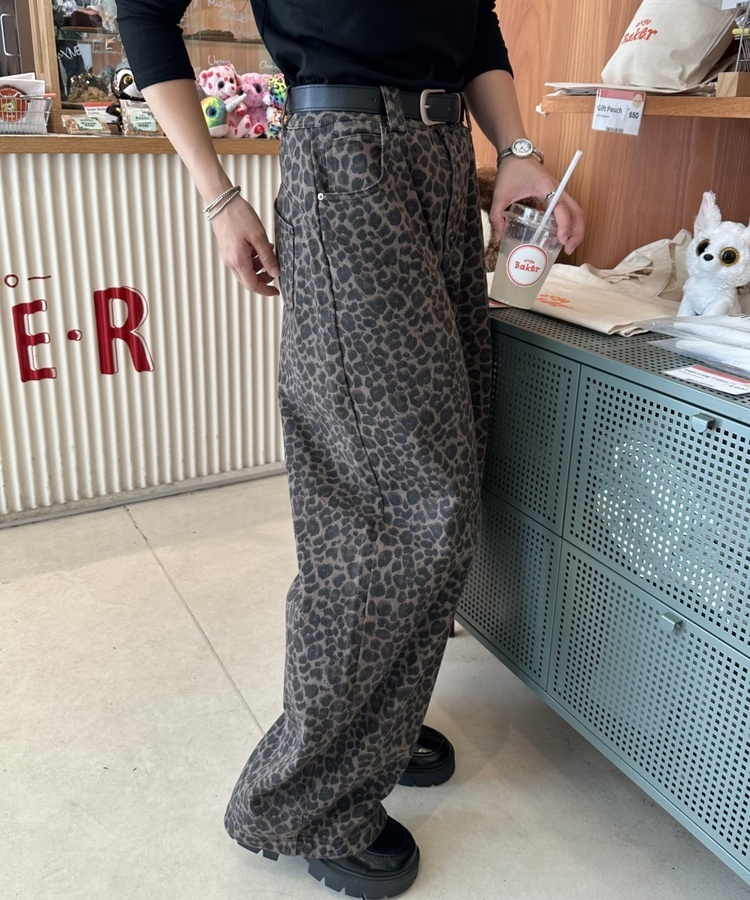 【ベルトSET】レオパードワイドデニムパンツ BROWN