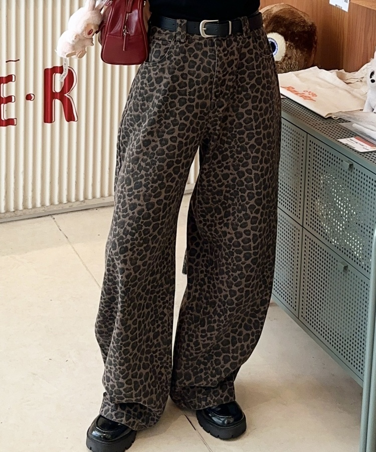 【ベルトSET】レオパードワイドデニムパンツ BROWN