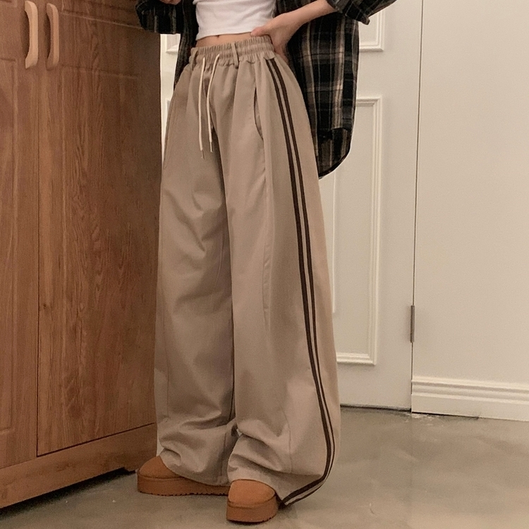 뎀버 라인 코튼 롱와이드 배색 트레이닝 추리닝 밴딩팬츠 베이지