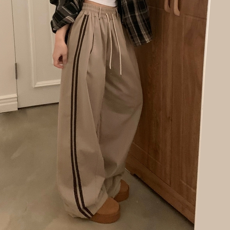 뎀버 라인 코튼 롱와이드 배색 트레이닝 추리닝 밴딩팬츠 베이지