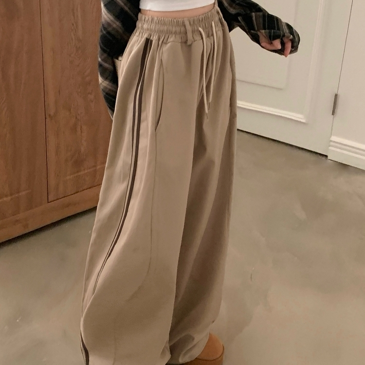 뎀버 라인 코튼 롱와이드 배색 트레이닝 추리닝 밴딩팬츠 베이지