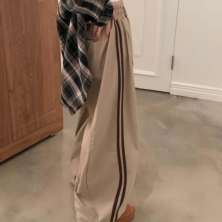 뎀버 라인 코튼 롱와이드 배색 트레이닝 추리닝 밴딩팬츠 베이지