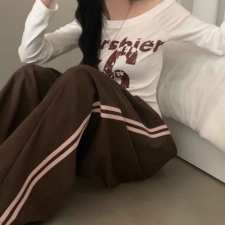 뎀버 라인 코튼 롱와이드 배색 트레이닝 추리닝 밴딩팬츠 브라운