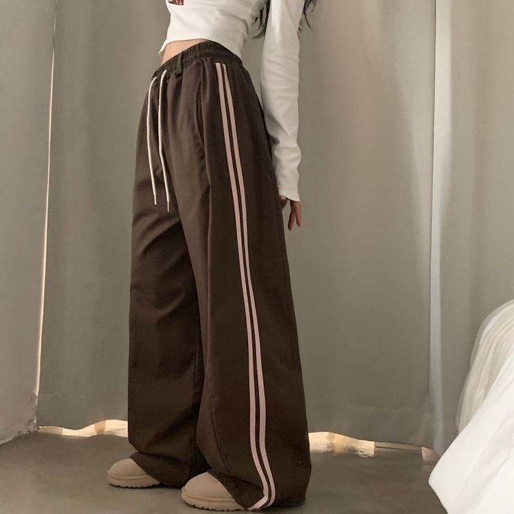 뎀버 라인 코튼 롱와이드 배색 트레이닝 추리닝 밴딩팬츠 브라운
