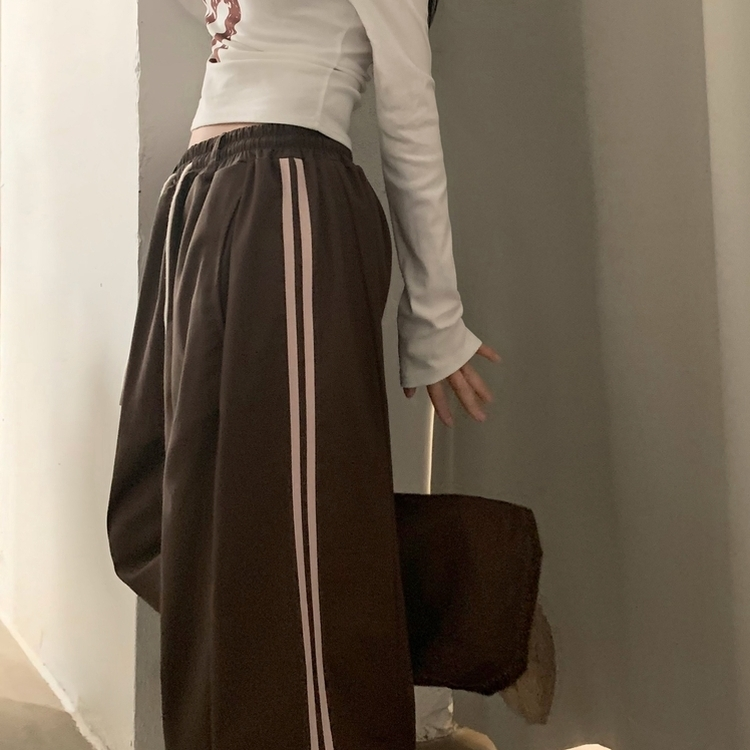뎀버 라인 코튼 롱와이드 배색 트레이닝 추리닝 밴딩팬츠 브라운