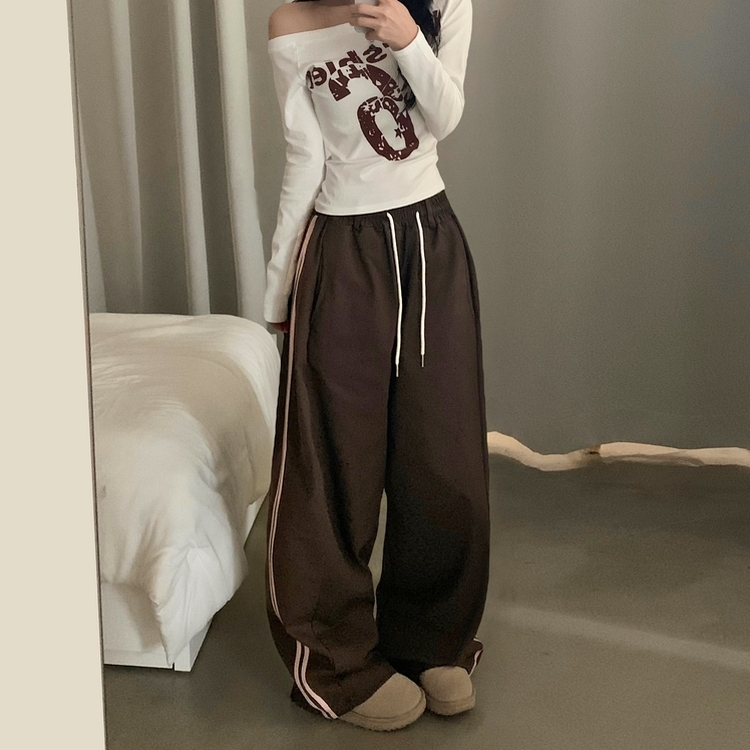 뎀버 라인 코튼 롱와이드 배색 트레이닝 추리닝 밴딩팬츠 브라운