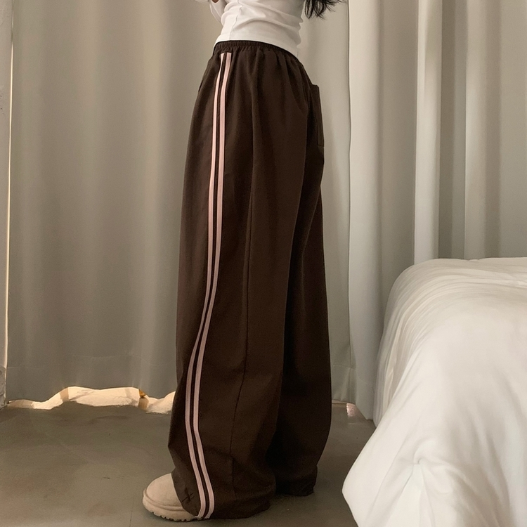 뎀버 라인 코튼 롱와이드 배색 트레이닝 추리닝 밴딩팬츠 브라운