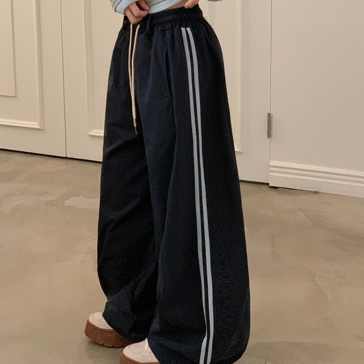 뎀버 라인 코튼 롱와이드 배색 트레이닝 추리닝 밴딩팬츠 네이비