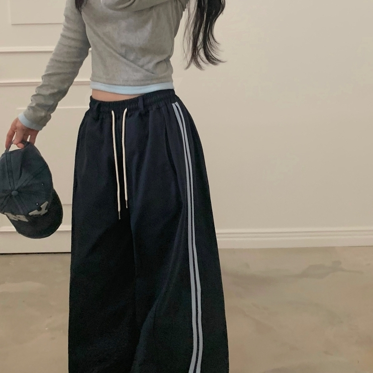 뎀버 라인 코튼 롱와이드 배색 트레이닝 추리닝 밴딩팬츠 네이비