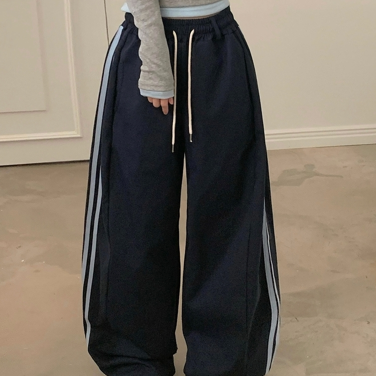 뎀버 라인 코튼 롱와이드 배색 트레이닝 추리닝 밴딩팬츠 네이비