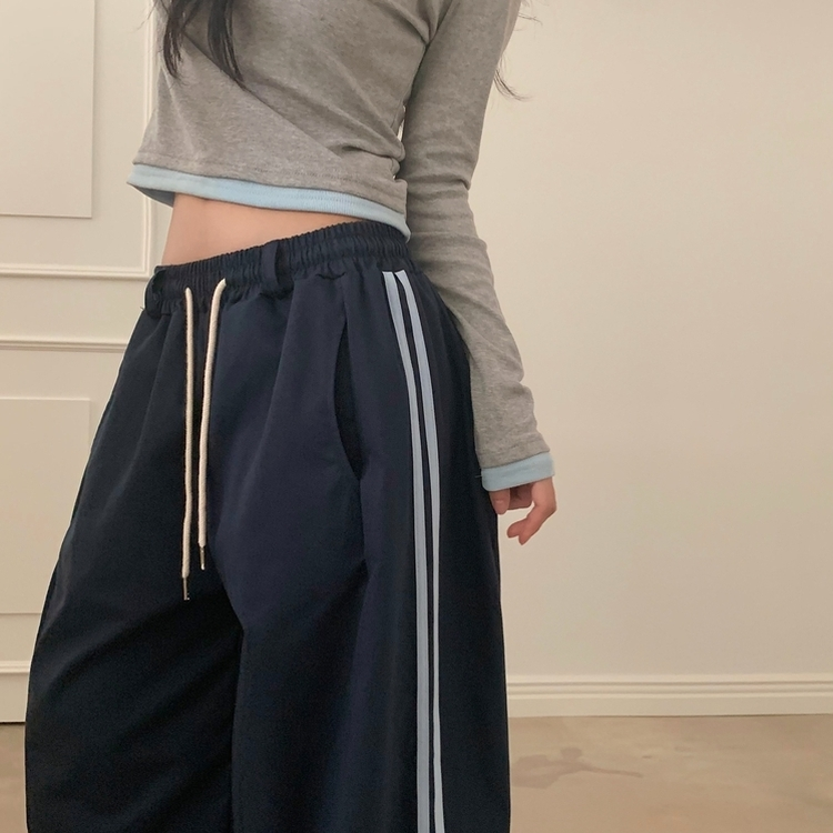 뎀버 라인 코튼 롱와이드 배색 트레이닝 추리닝 밴딩팬츠 네이비