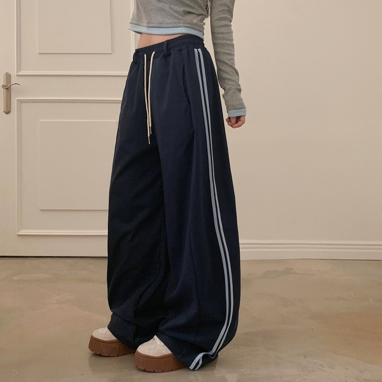 뎀버 라인 코튼 롱와이드 배색 트레이닝 추리닝 밴딩팬츠 네이비