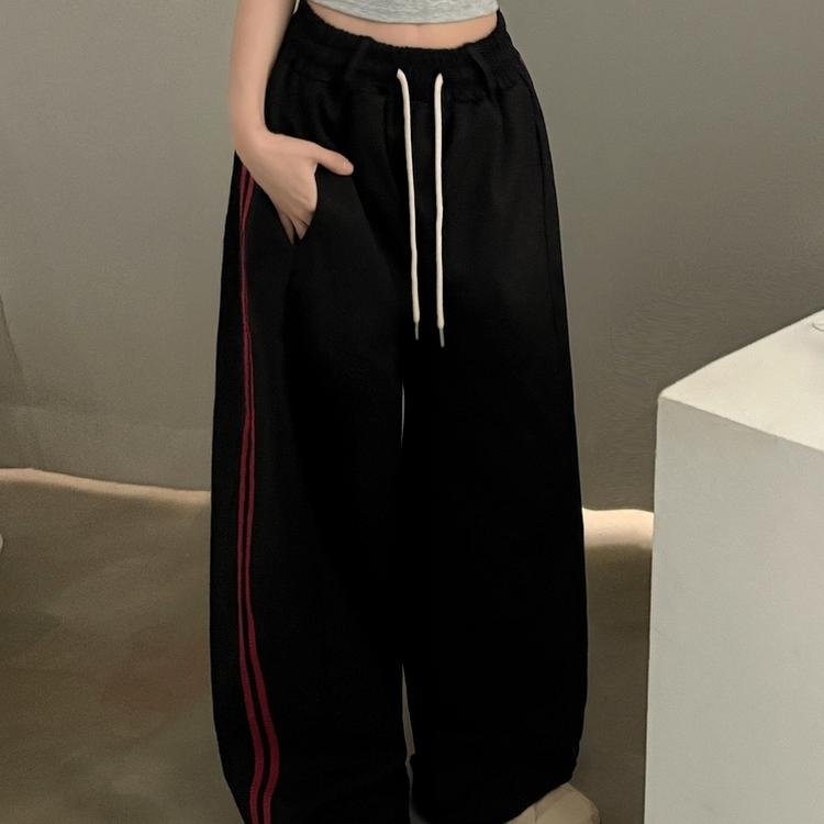 뎀버 라인 코튼 롱와이드 배색 트레이닝 추리닝 밴딩팬츠 블랙