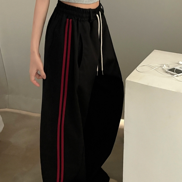 뎀버 라인 코튼 롱와이드 배색 트레이닝 추리닝 밴딩팬츠 블랙