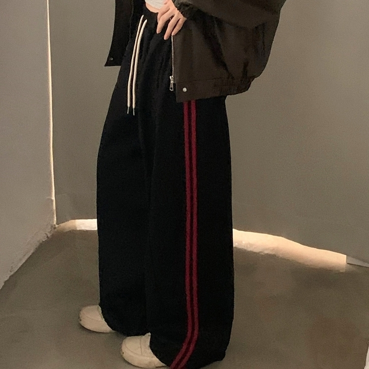 뎀버 라인 코튼 롱와이드 배색 트레이닝 추리닝 밴딩팬츠 블랙