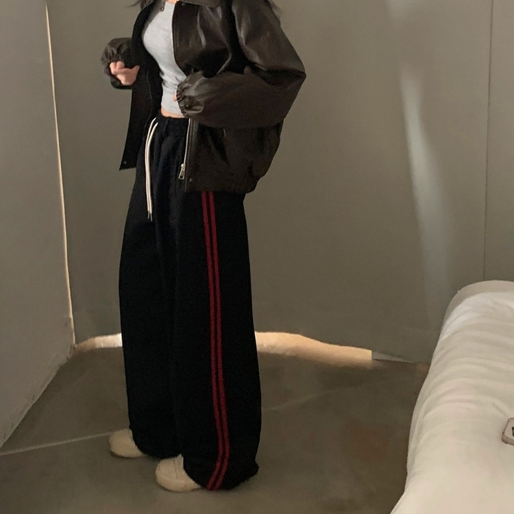 뎀버 라인 코튼 롱와이드 배색 트레이닝 추리닝 밴딩팬츠 블랙