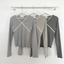 レースストライプスリム長袖Tシャツ