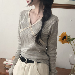 レースストライプスリム長袖Tシャツ GREY