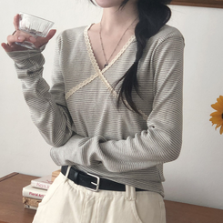 レースストライプスリム長袖Tシャツ GREY
