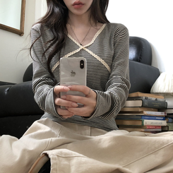 レースストライプスリム長袖Tシャツ BLACK