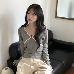 レースストライプスリム長袖Tシャツ BLACK