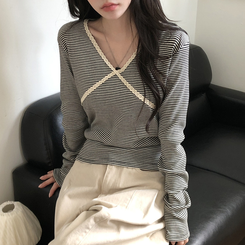 レースストライプスリム長袖Tシャツ BLACK