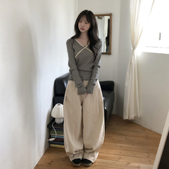 レースストライプスリム長袖Tシャツ BLACK