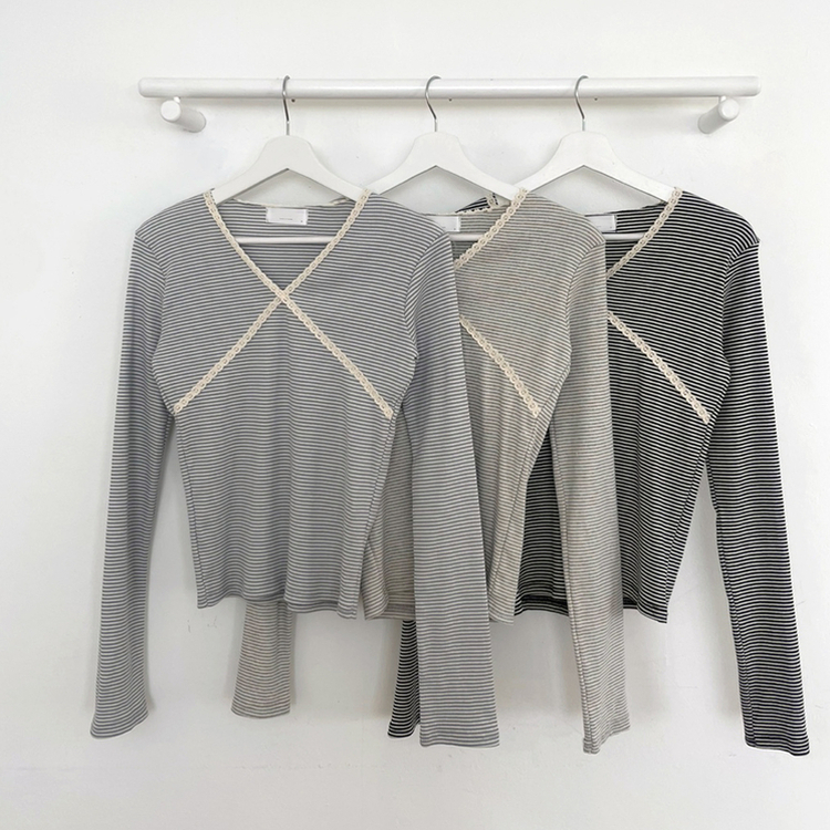 レースストライプスリム長袖Tシャツ