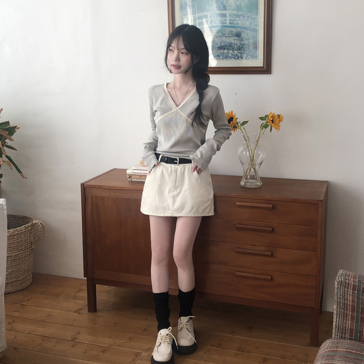 レースストライプスリム長袖Tシャツ GREY