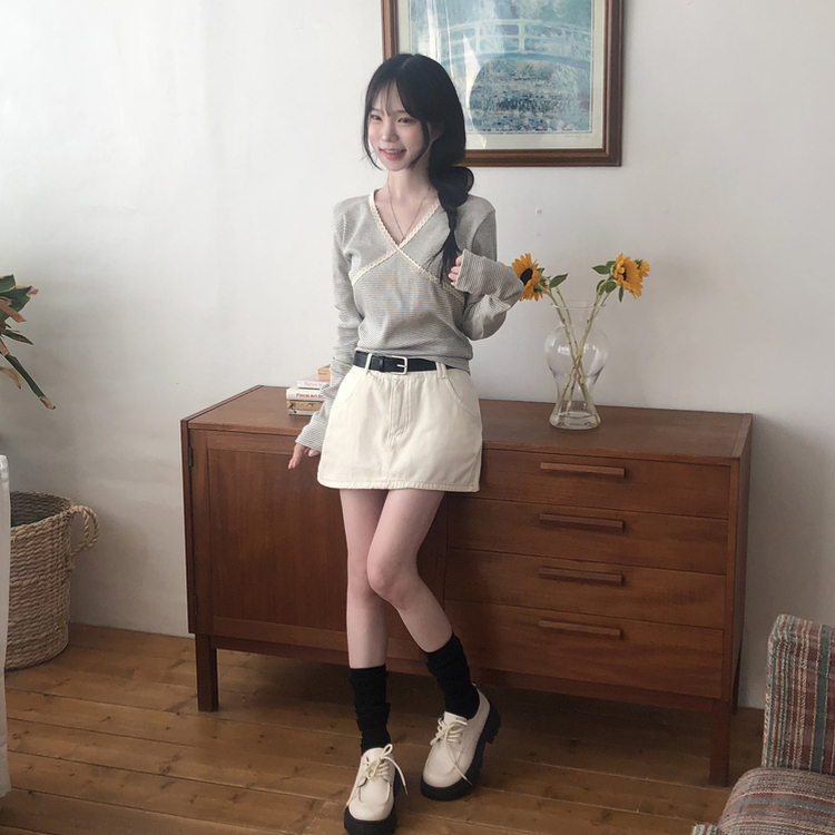 レースストライプスリム長袖Tシャツ GREY