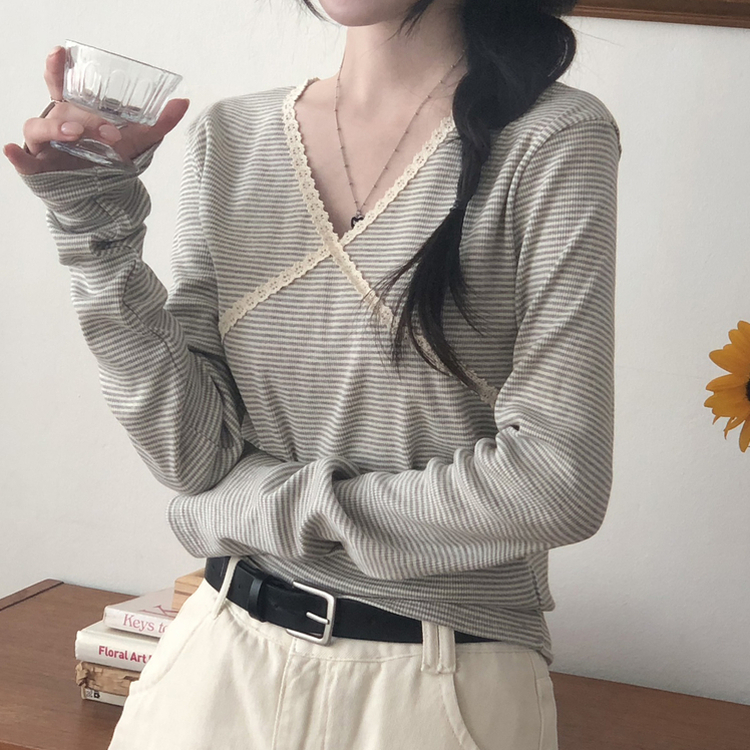 レースストライプスリム長袖Tシャツ GREY