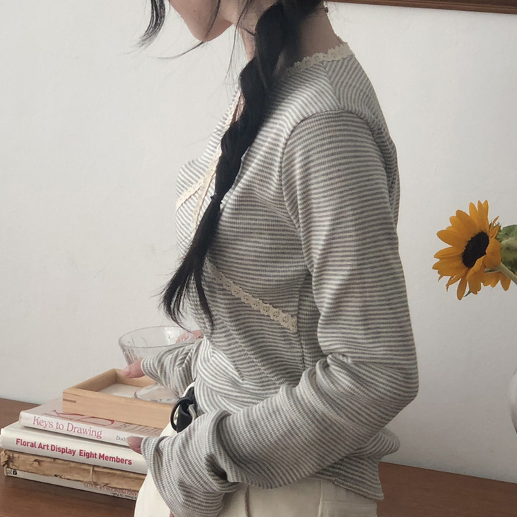 レースストライプスリム長袖Tシャツ GREY