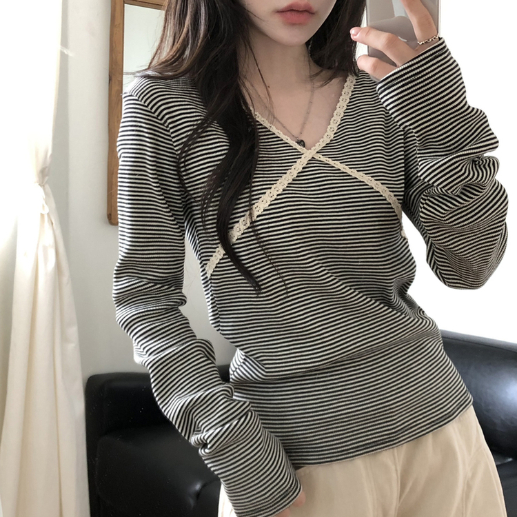 レースストライプスリム長袖Tシャツ BLACK