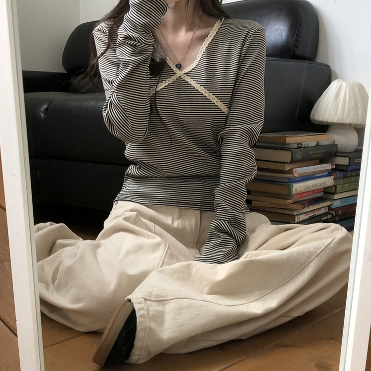 レースストライプスリム長袖Tシャツ BLACK