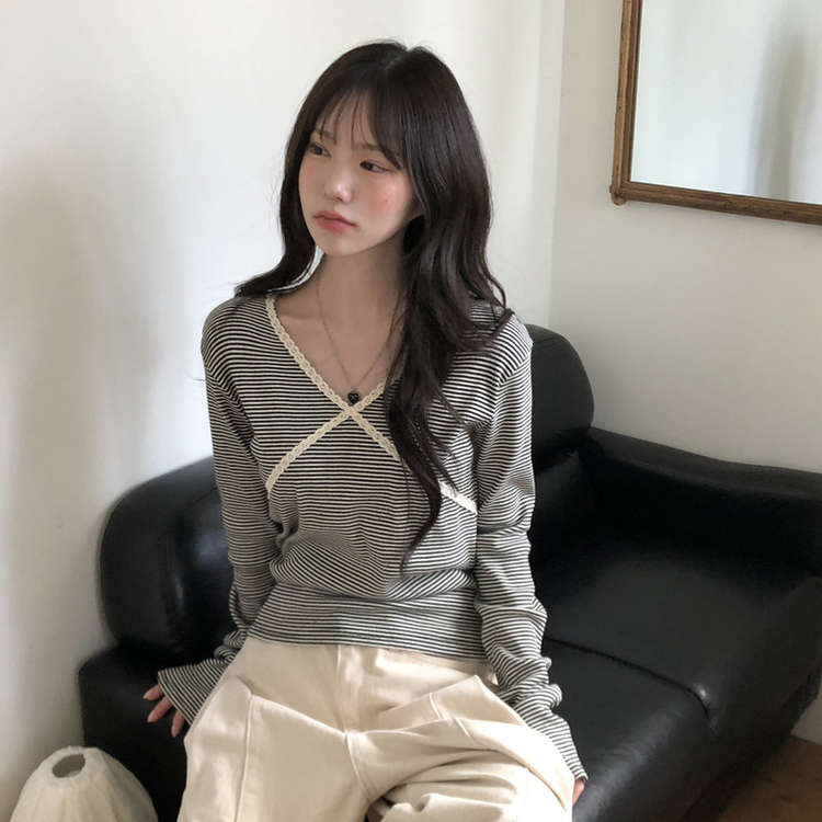 レースストライプスリム長袖Tシャツ BLACK