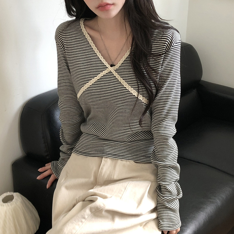 レースストライプスリム長袖Tシャツ BLACK
