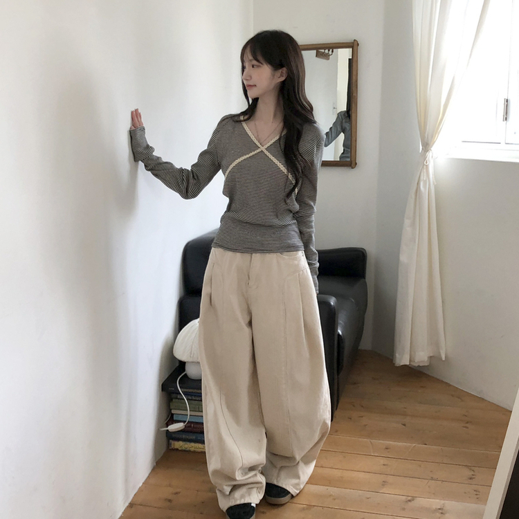 レースストライプスリム長袖Tシャツ BLACK