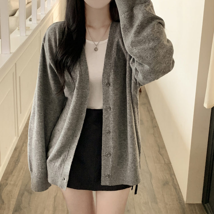 왕오버핏 브이넥 와이드소매 간절기 가디건 다크그레이