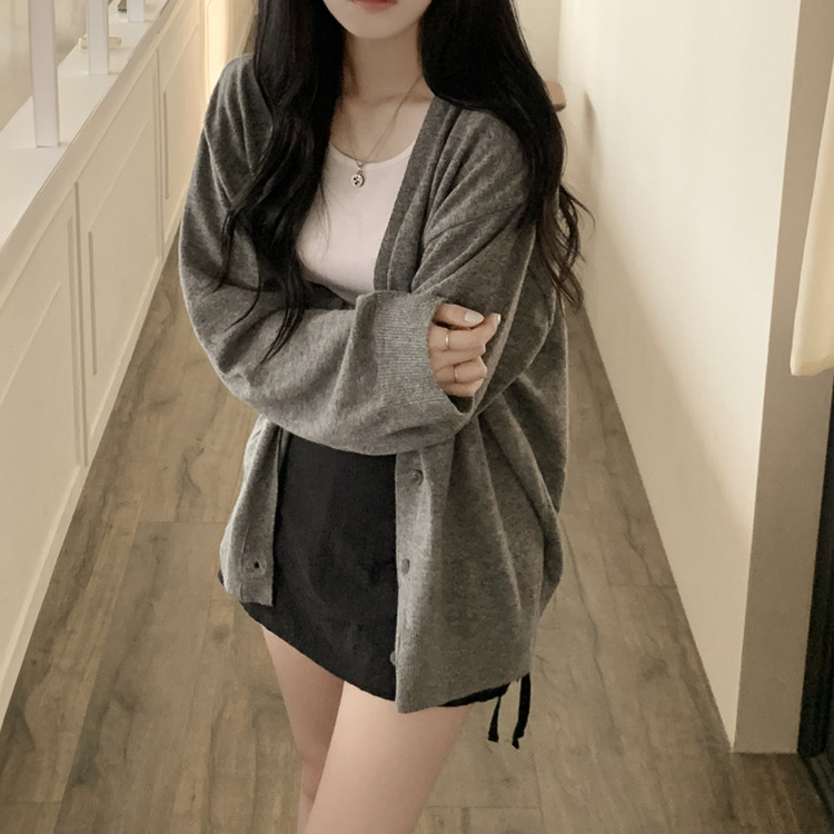 왕오버핏 브이넥 와이드소매 간절기 가디건 다크그레이