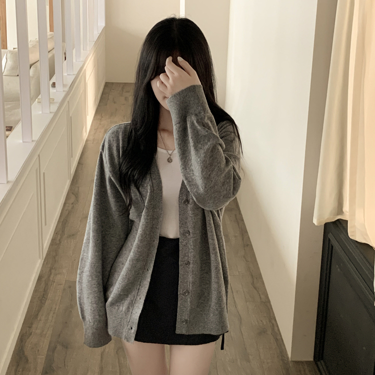 왕오버핏 브이넥 와이드소매 간절기 가디건 다크그레이