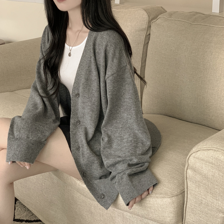 왕오버핏 브이넥 와이드소매 간절기 가디건 다크그레이
